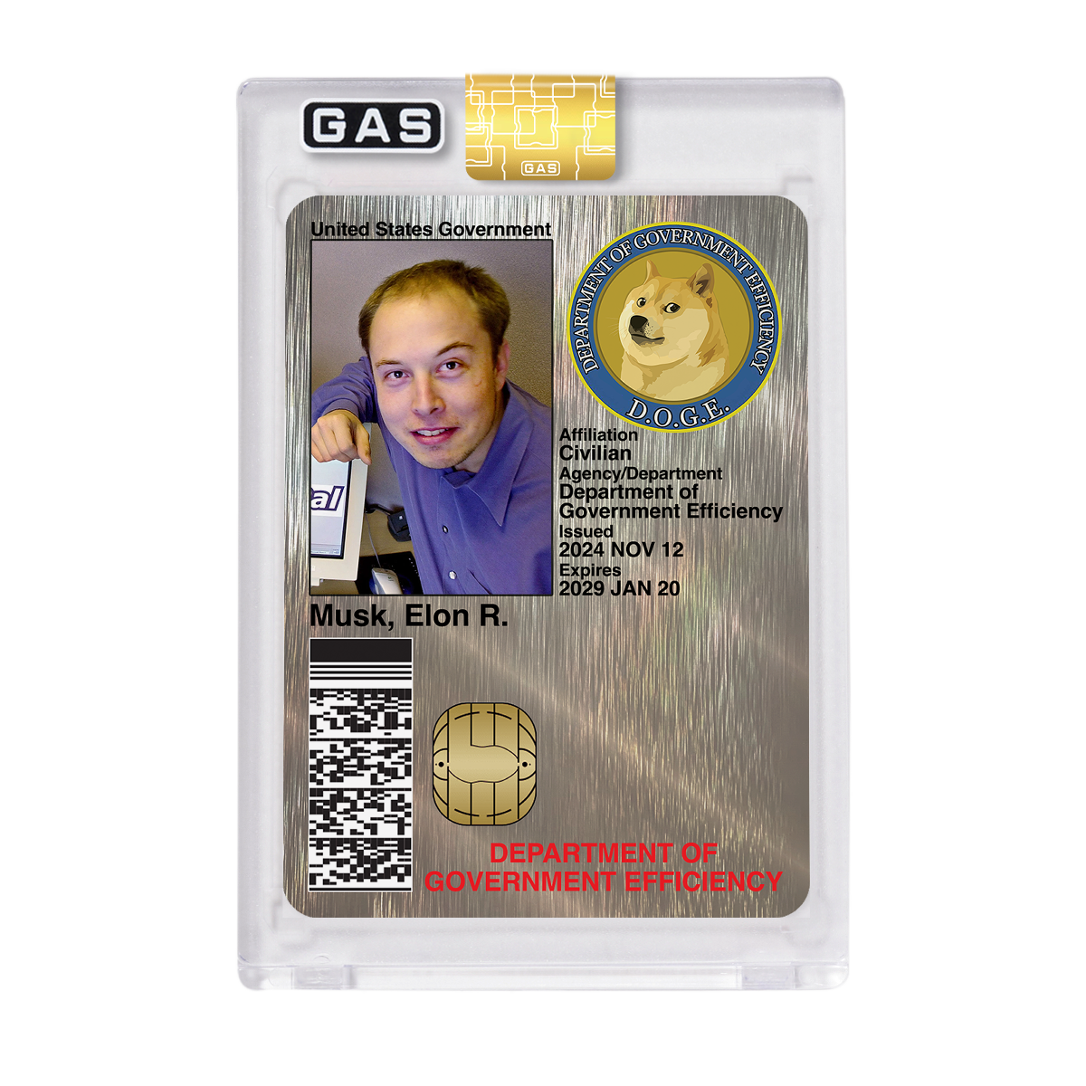 Short Print Elon Musk D.O.G.E. Platinum GAS Unaltered Photo ID Card