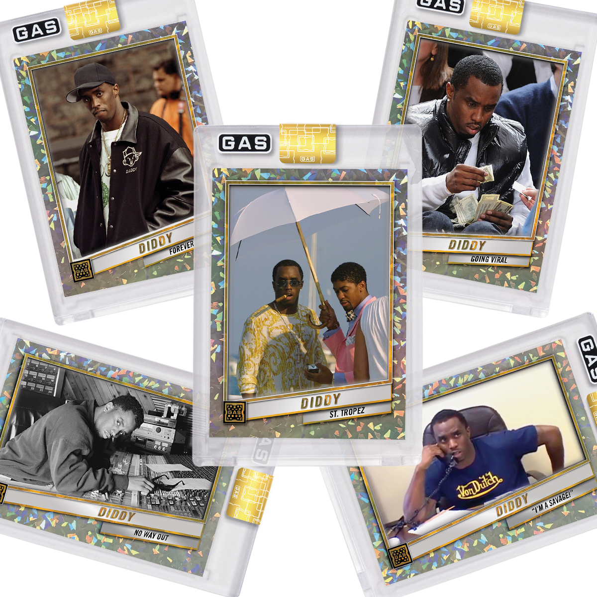 Limited Edition Diddy 2023-24 GAS Cracked Foil Prism Hip-Hop Trading Cards Set