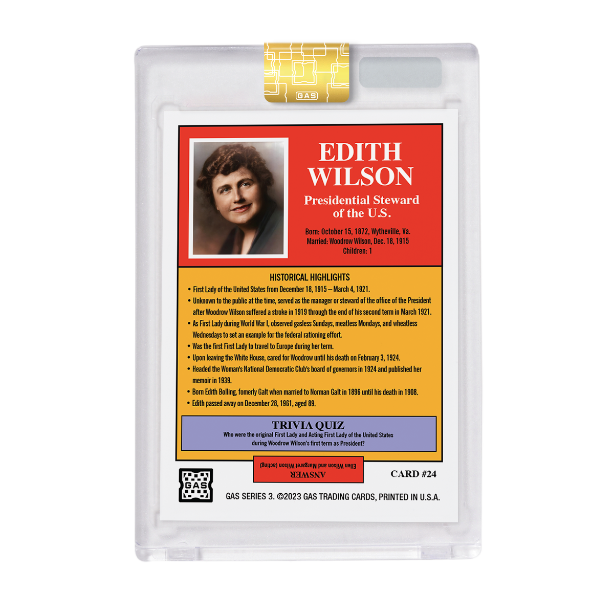 GAS Series 3 #24 Edith Wilson Cracked Foil Prism Trading Card #’d to 10