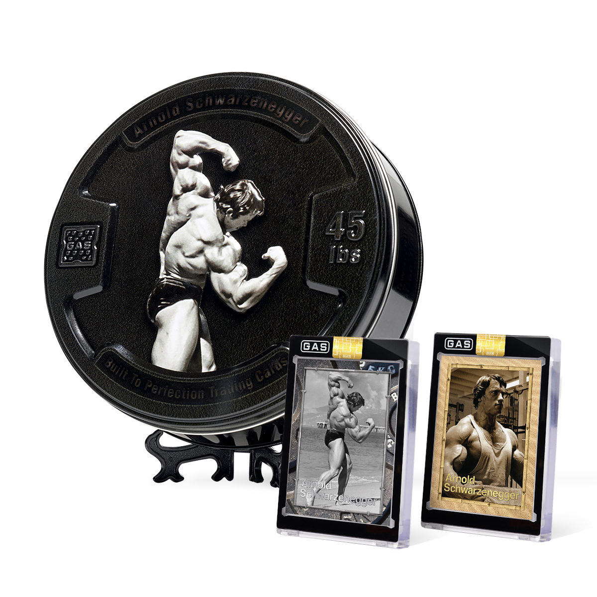 Arnold Schwarzenegger Built to Perfection Deluxe Base GAS Cards Tin Box Set