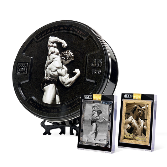 Arnold Schwarzenegger Built to Perfection Deluxe Base GAS Cards Tin Box Set