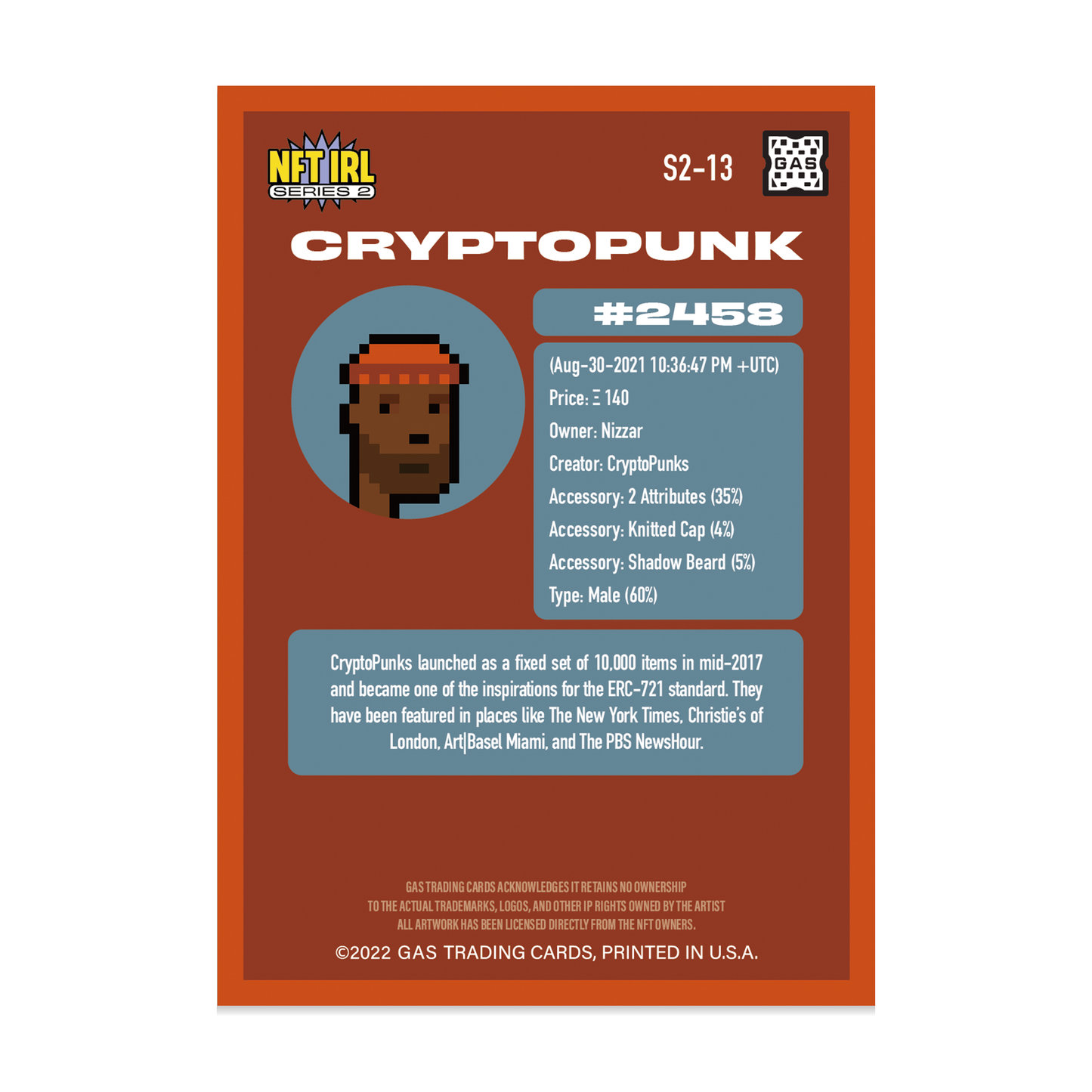 GAS NTF IRL Series 2 #13 CryptoPunk #2458 Limited Edition Magma Foil