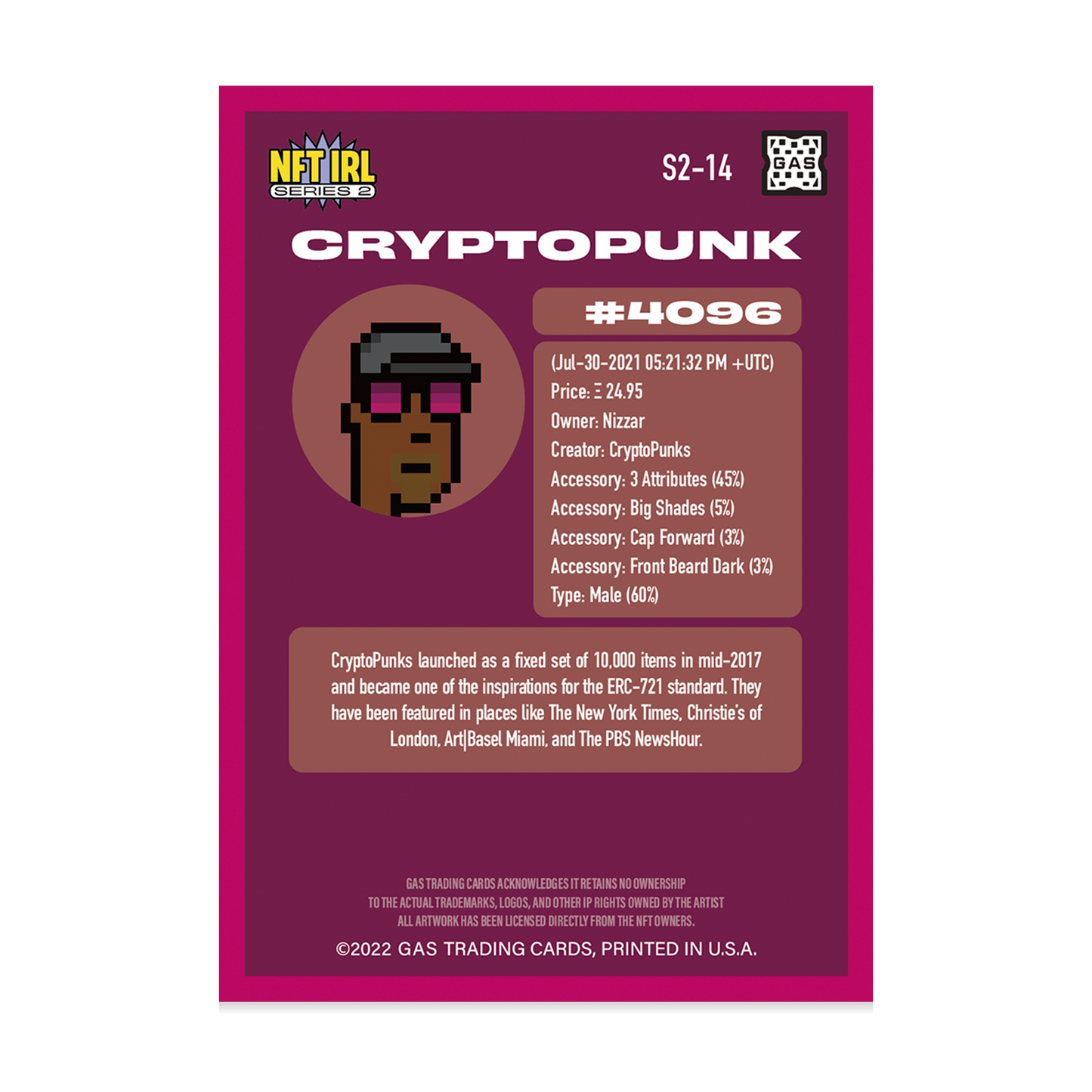 GAS NFT IRL Series 2 #14 CryptoPunk #4096 Limited Edition Magma Foil Card